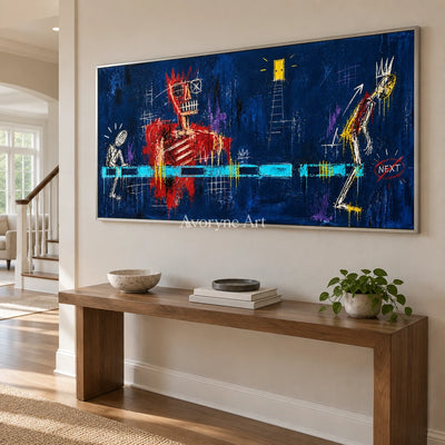 Gentle Vista graffiti figure wall art with a silver frame in an entryway