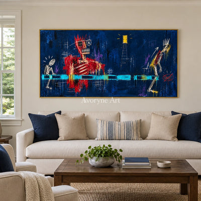 Gentle Vista graffiti figure wall art with a gold frame hanging in a living room