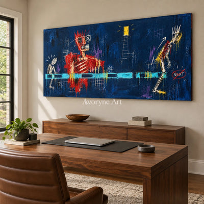 Gentle Vista graffiti figure wall art as a frameless stretched canvas in a home office