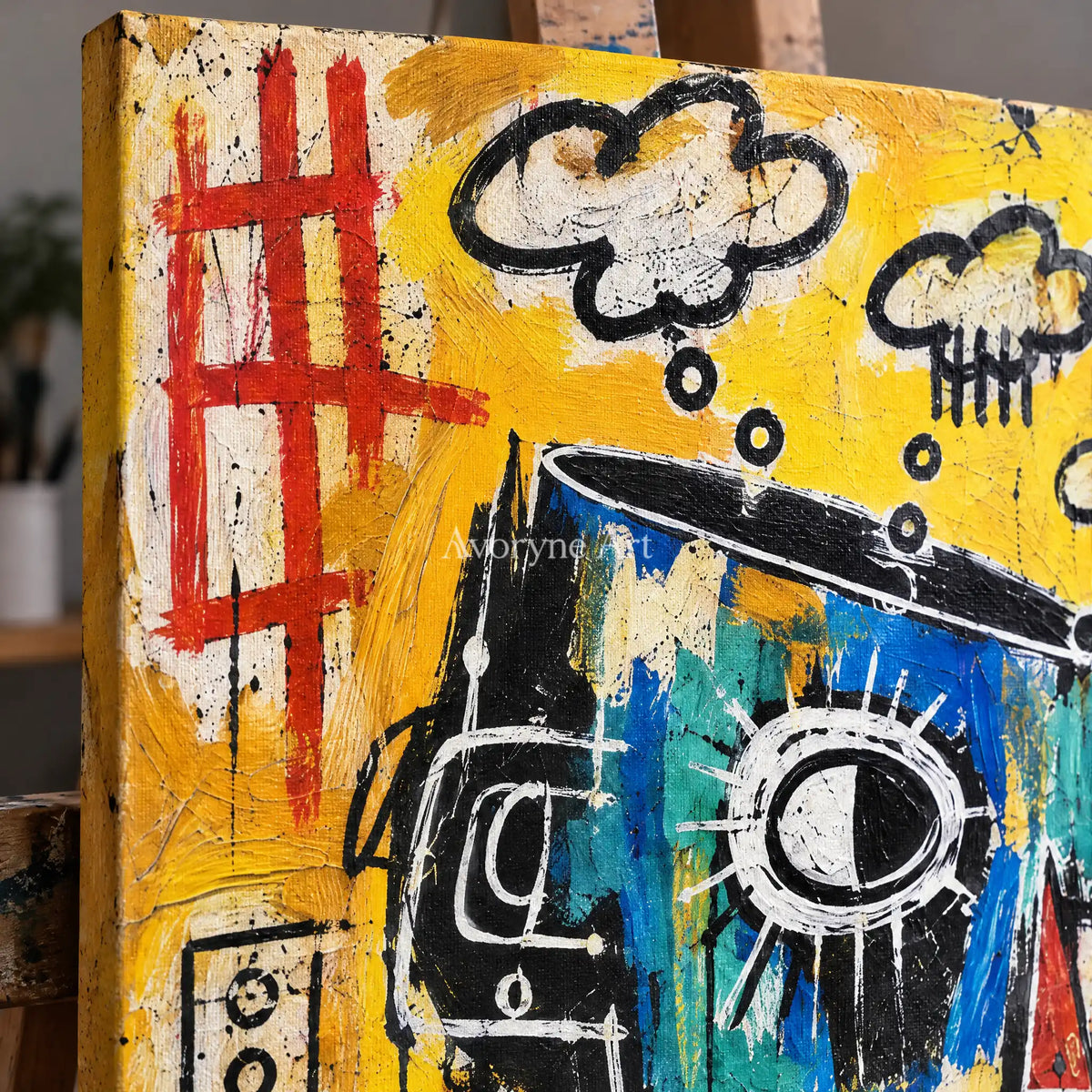 Close-up of the hand-painted texture of Gentle Current graffiti figure wall art on an easel