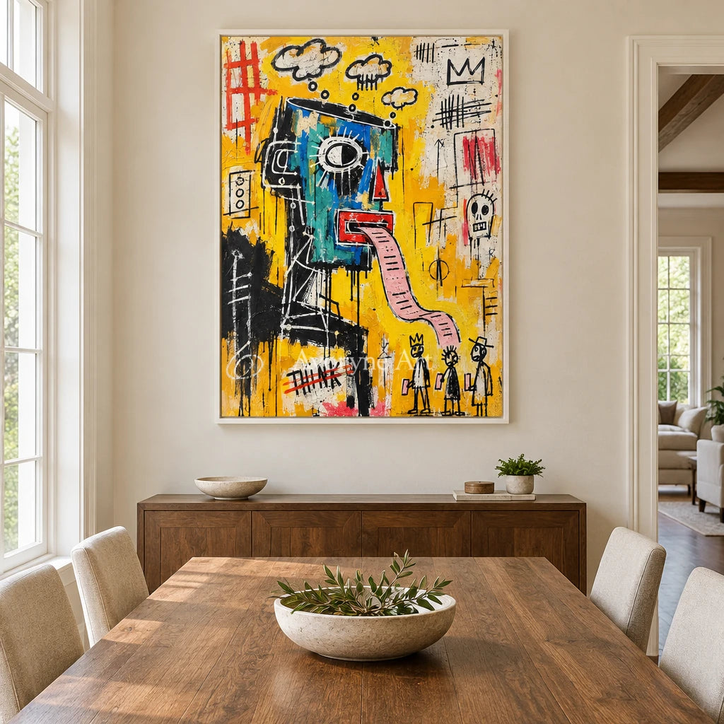 Gentle Current graffiti figure wall art with a white frame in a dining room