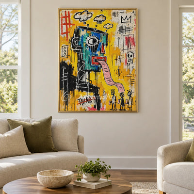 Gentle Current graffiti figure wall art with a gold frame hanging in a living room