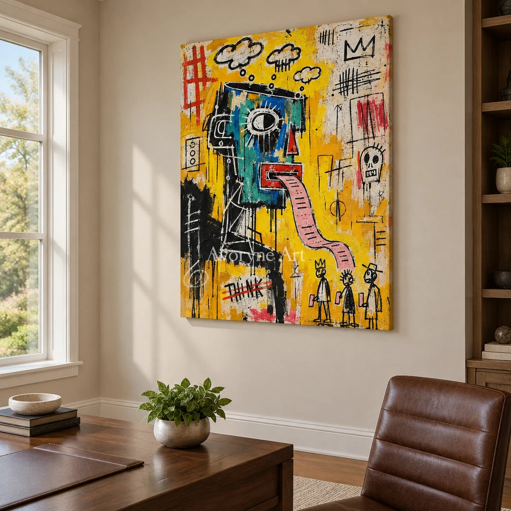 Gentle Current graffiti figure wall art as a frameless stretched canvas in a home office