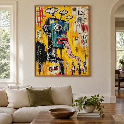 Gentle Current graffiti figure wall art with a wood frame in a villa living space