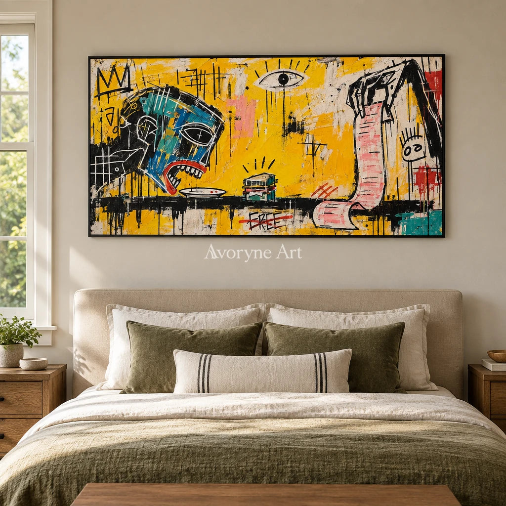 Gentle Solace graffiti figure wall art with a black frame above a bed in a bedroom
