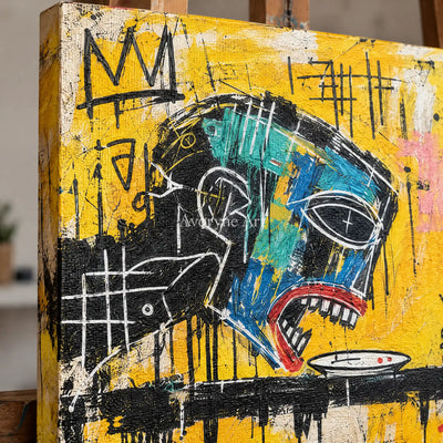 Close-up of the hand-painted texture of Gentle Solace graffiti figure wall art on an easel