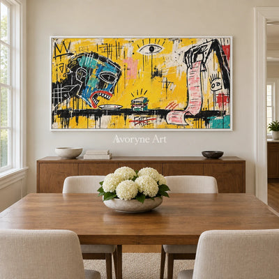 Gentle Solace graffiti figure wall art with a white frame in a dining room
