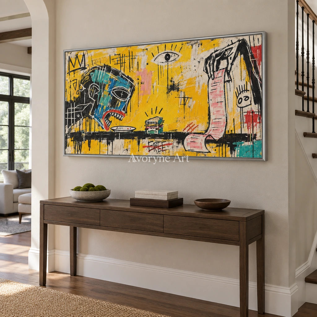 Gentle Solace graffiti figure wall art with a silver frame in an entryway