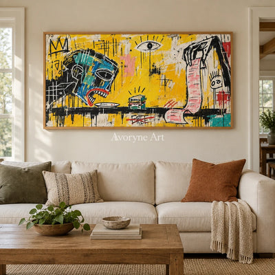Gentle Solace graffiti figure wall art with a wood frame in a villa living space