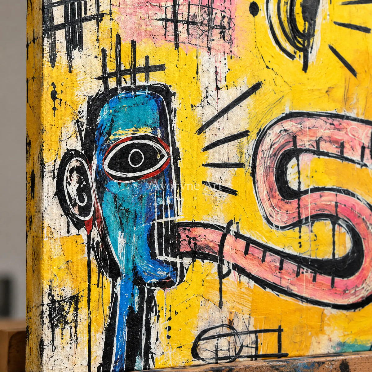 Close-up of the hand-painted texture of Gentle Reverberation graffiti figure wall art on an easel