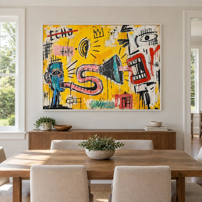 Gentle Reverberation graffiti figure wall art with a white frame in a dining room