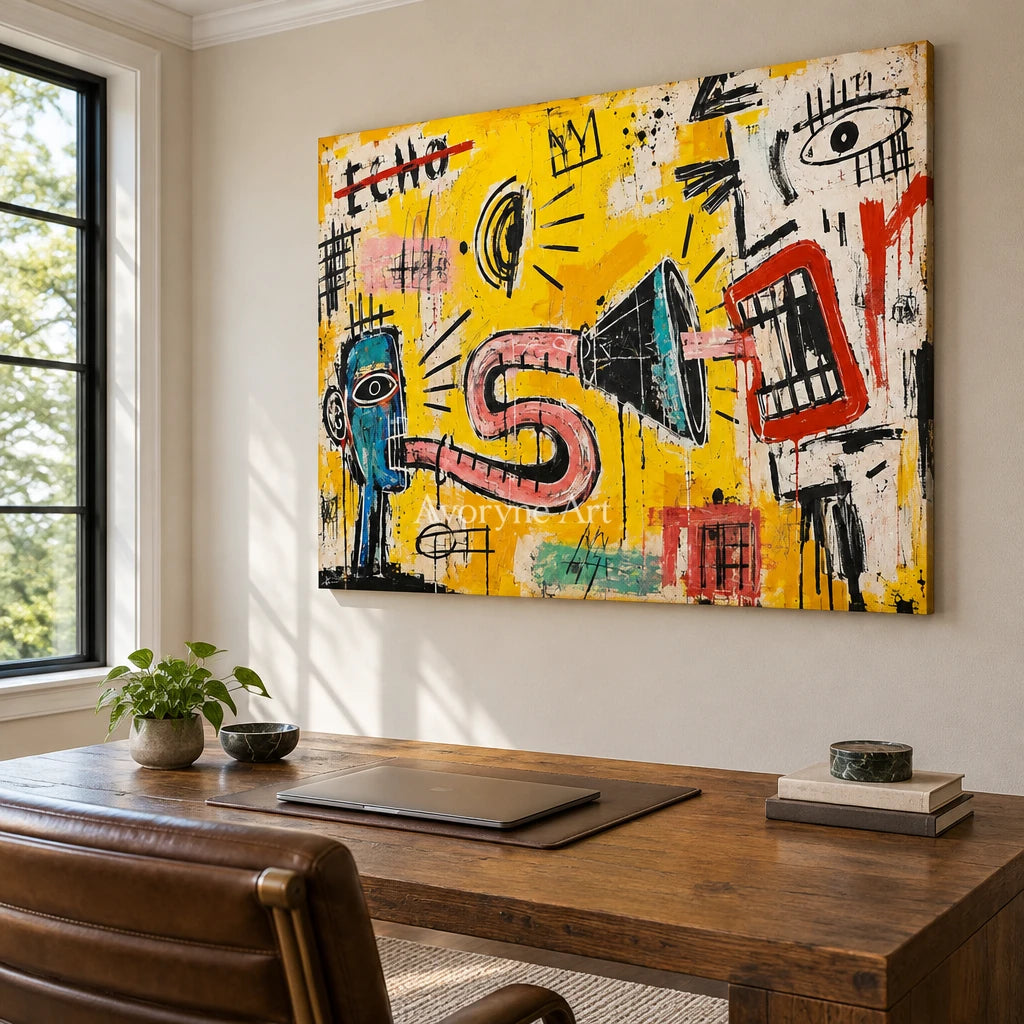 Gentle Reverberation graffiti figure wall art as a frameless stretched canvas in a home office