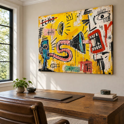 Gentle Reverberation graffiti figure wall art as a frameless stretched canvas in a home office
