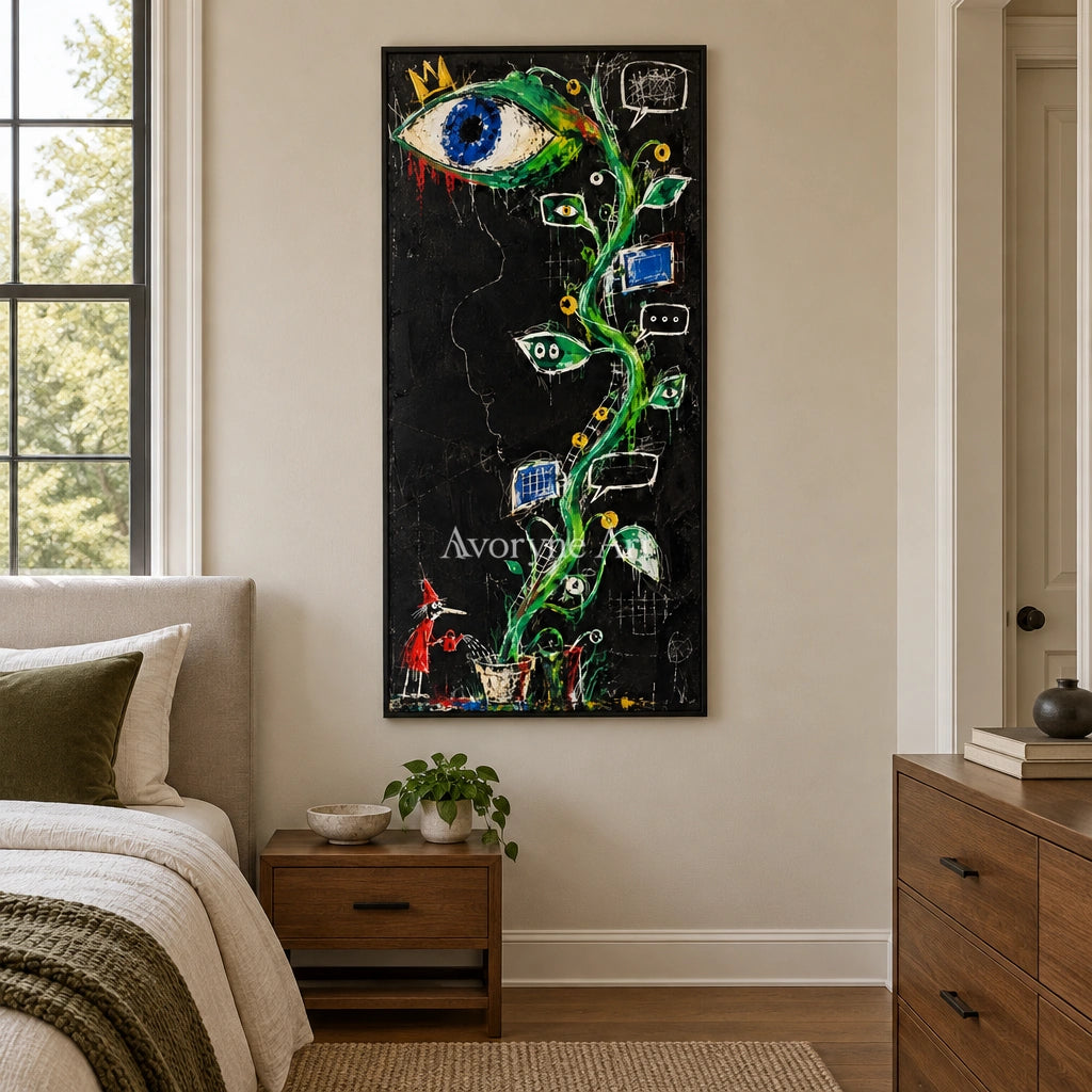 Gentle Dialogue graffiti figure wall art with a black frame above a bed in a bedroom