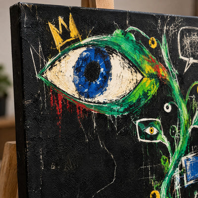Close-up of the hand-painted texture of Gentle Dialogue graffiti figure wall art on an easel