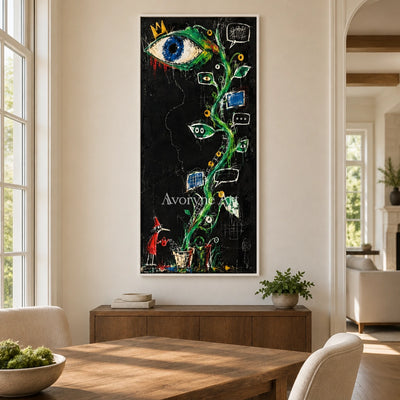 Gentle Dialogue graffiti figure wall art with a white frame in a dining room