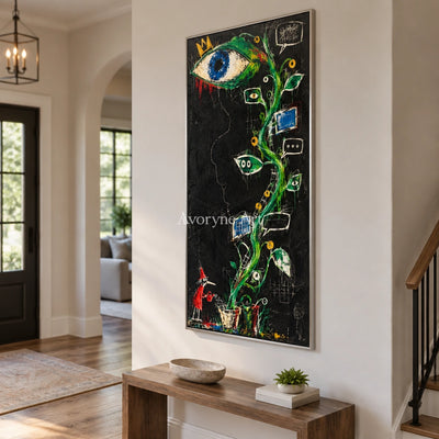 Gentle Dialogue graffiti figure wall art with a silver frame in an entryway