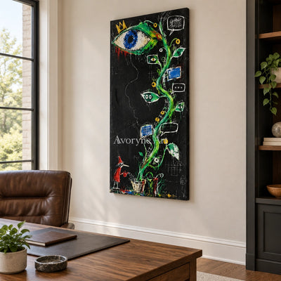 Gentle Dialogue graffiti figure wall art as a frameless stretched canvas in a home office