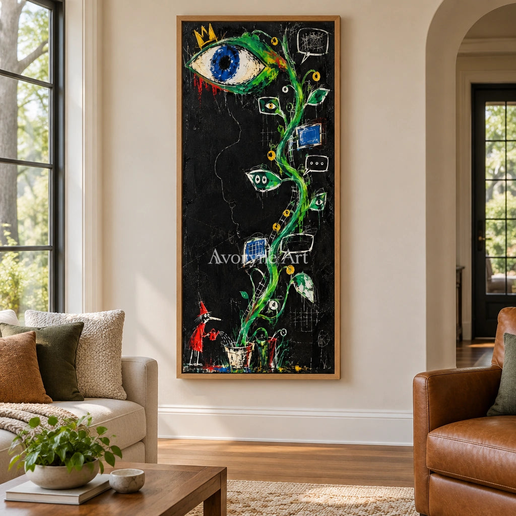 Gentle Dialogue graffiti figure wall art with a wood frame in a villa living space