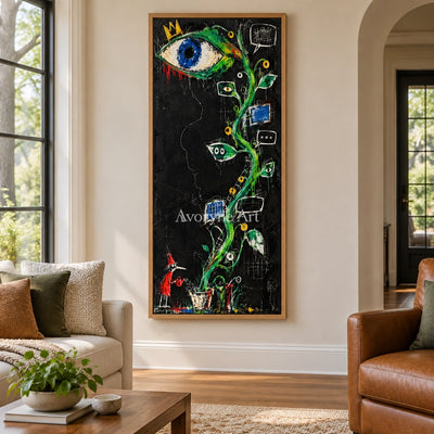 Gentle Dialogue graffiti figure wall art with a wood frame in a villa living space
