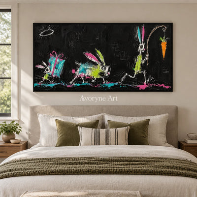 Open Passage graffiti figure wall art with a black frame above a bed in a bedroom