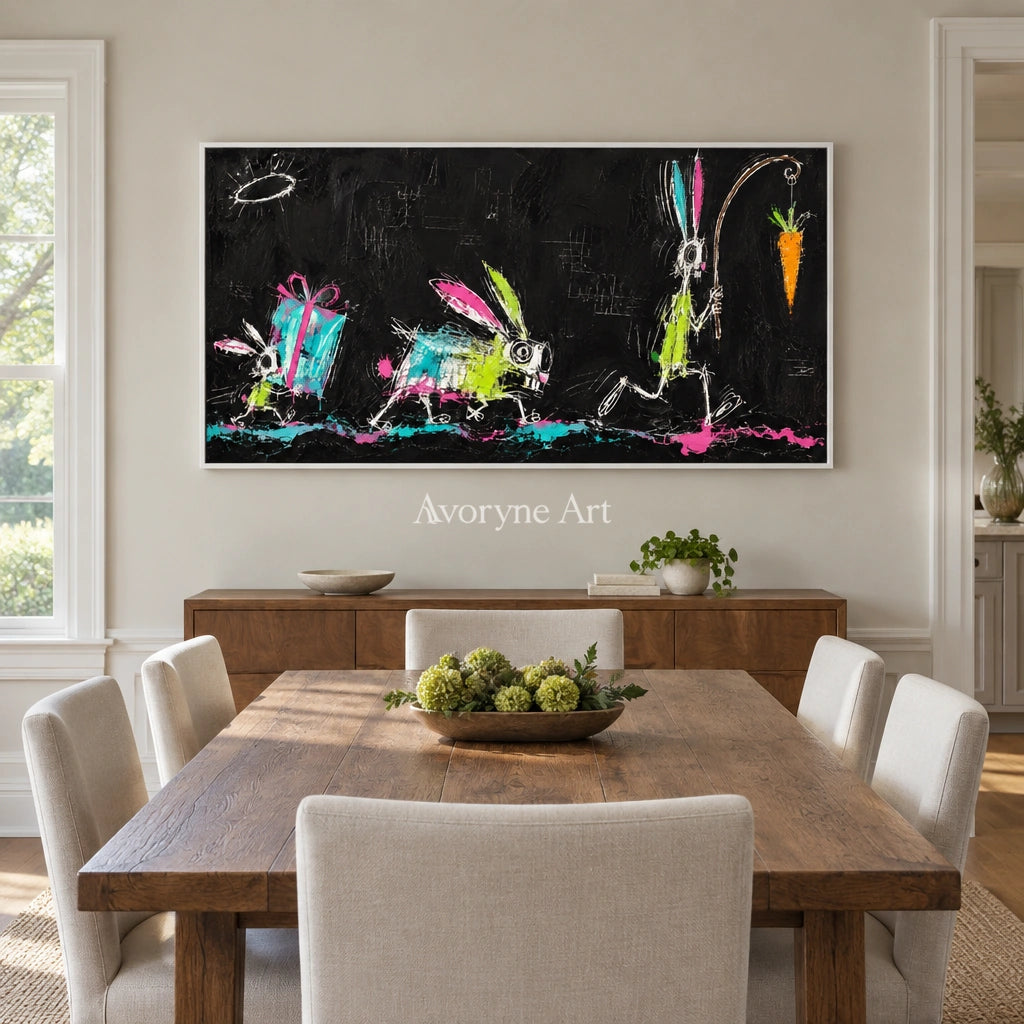 Open Passage graffiti figure wall art with a white frame in a dining room