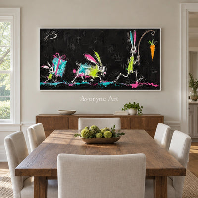 Open Passage graffiti figure wall art with a white frame in a dining room