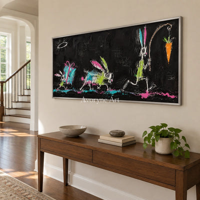 Open Passage graffiti figure wall art with a silver frame in an entryway