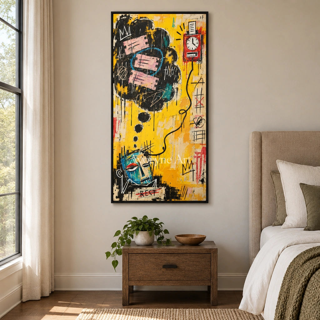 Open Reverie graffiti figure wall art with a black frame above a bed in a bedroom