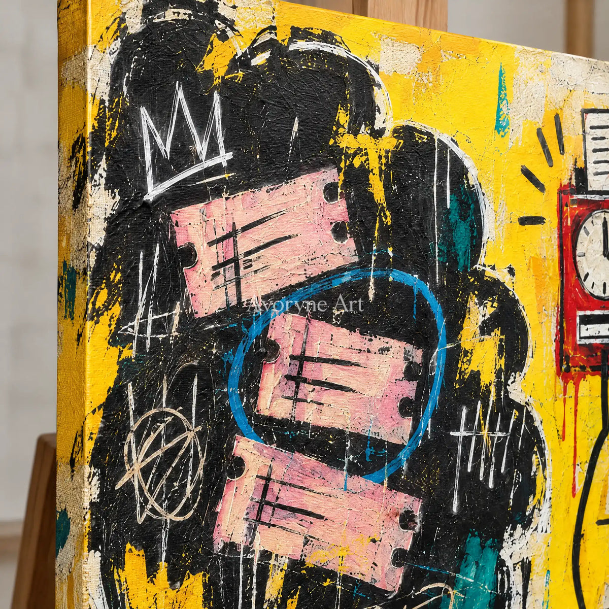 Close-up of the hand-painted texture of Open Reverie graffiti figure wall art on an easel