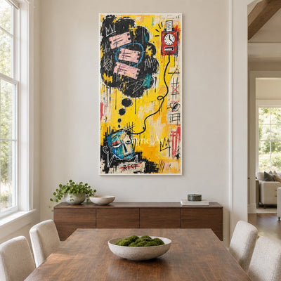 Open Reverie graffiti figure wall art with a white frame in a dining room