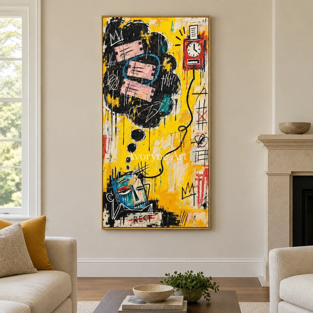 Open Reverie graffiti figure wall art with a gold frame hanging in a living room