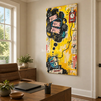 Open Reverie graffiti figure wall art as a frameless stretched canvas in a home office