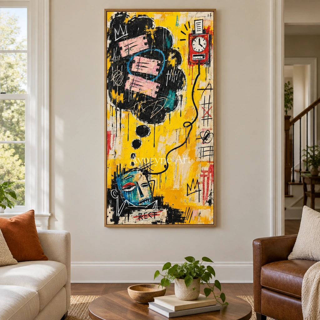 Open Reverie graffiti figure wall art with a wood frame in a villa living space
