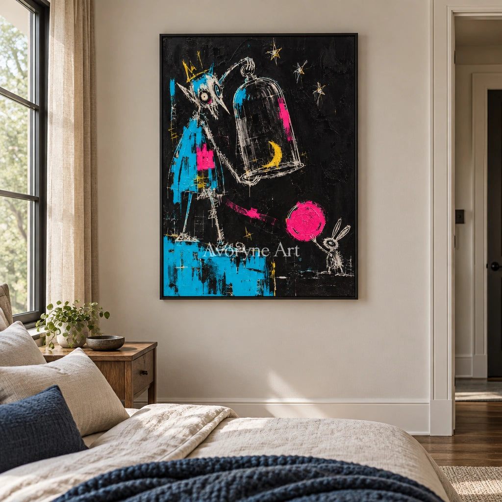 Open Interval graffiti figure wall art with a black frame above a bed in a bedroom