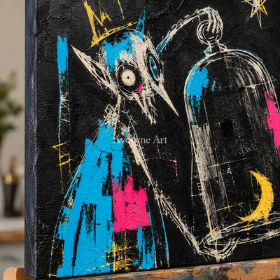 Close-up of the hand-painted texture of Open Interval graffiti figure wall art on an easel