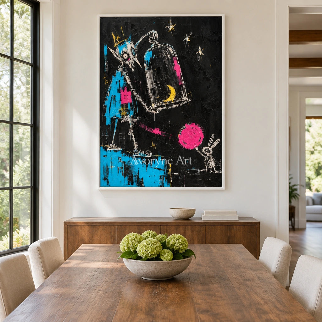 Open Interval graffiti figure wall art with a white frame in a dining room
