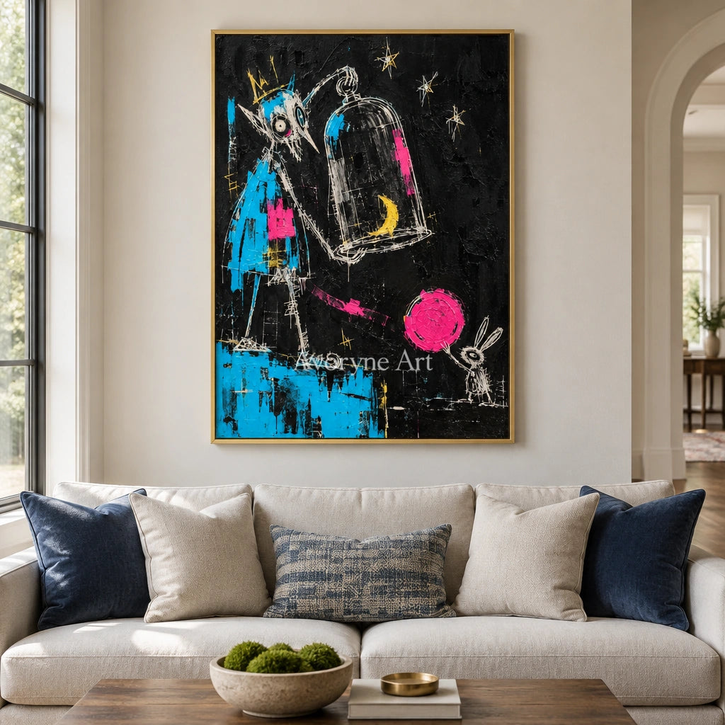 Open Interval graffiti figure wall art with a gold frame hanging in a living room