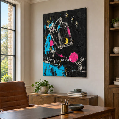 Open Interval graffiti figure wall art as a frameless stretched canvas in a home office
