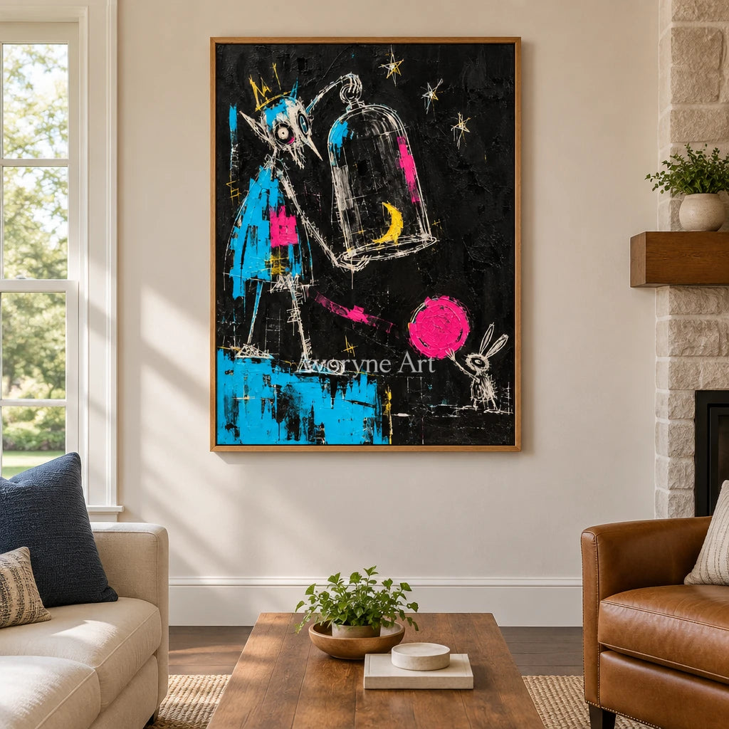 Open Interval graffiti figure wall art with a wood frame in a villa living space