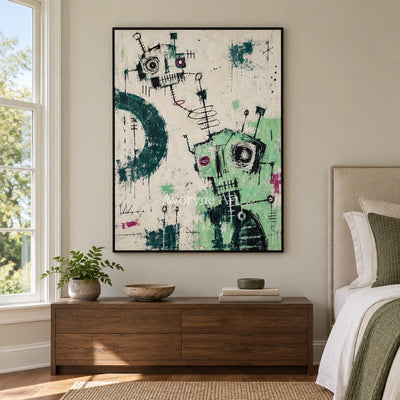 Open Echo graffiti figure wall art with a black frame above a bed in a bedroom
