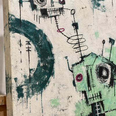 Close-up of the hand-painted texture of Open Echo graffiti figure wall art on an easel