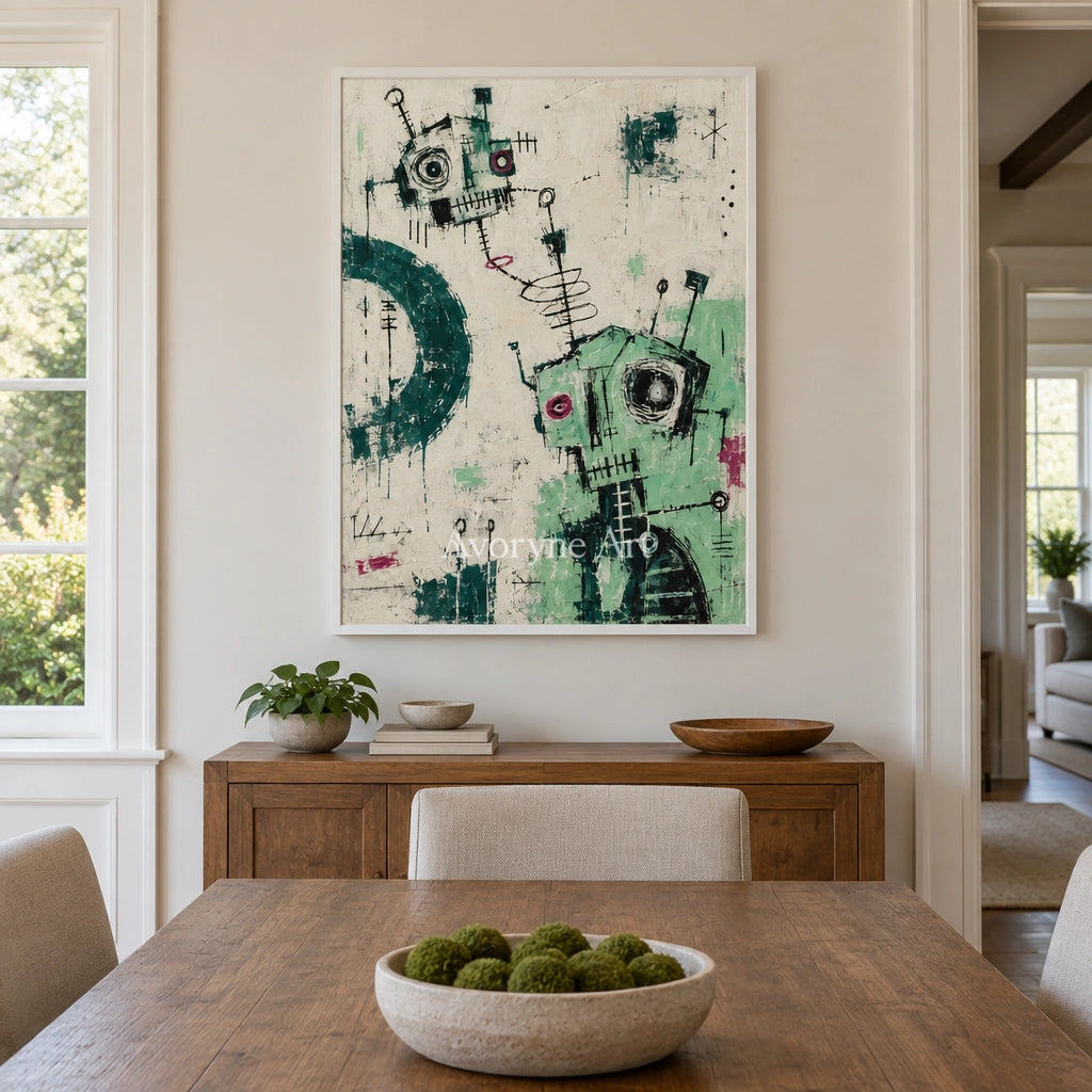 Open Echo graffiti figure wall art with a white frame in a dining room