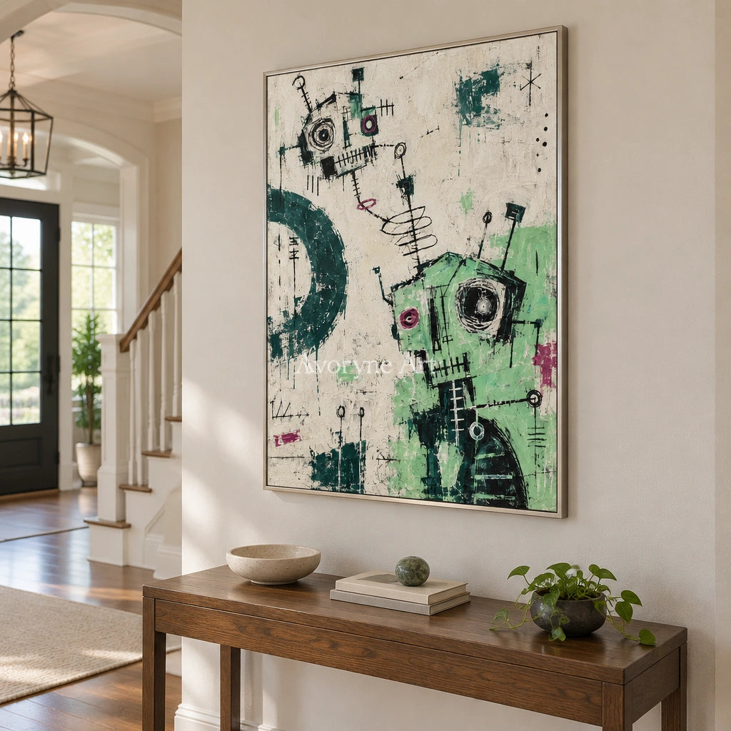 Open Echo graffiti figure wall art with a silver frame in an entryway