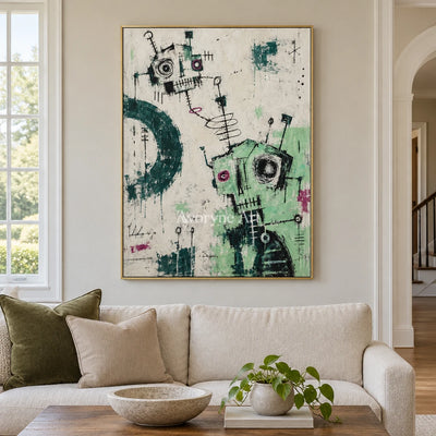 Open Echo graffiti figure wall art with a gold frame hanging in a living room