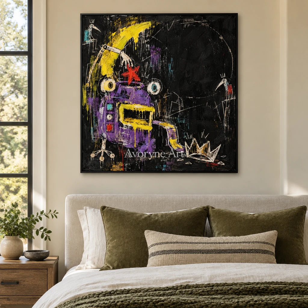 Open Rhythm graffiti figure wall art with a black frame above a bed in a bedroom