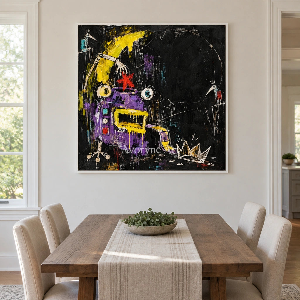 Open Rhythm graffiti figure wall art with a white frame in a dining room