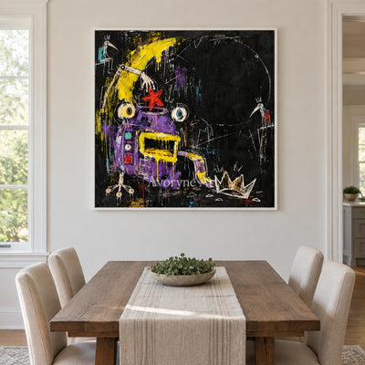 Open Rhythm graffiti figure wall art with a white frame in a dining room
