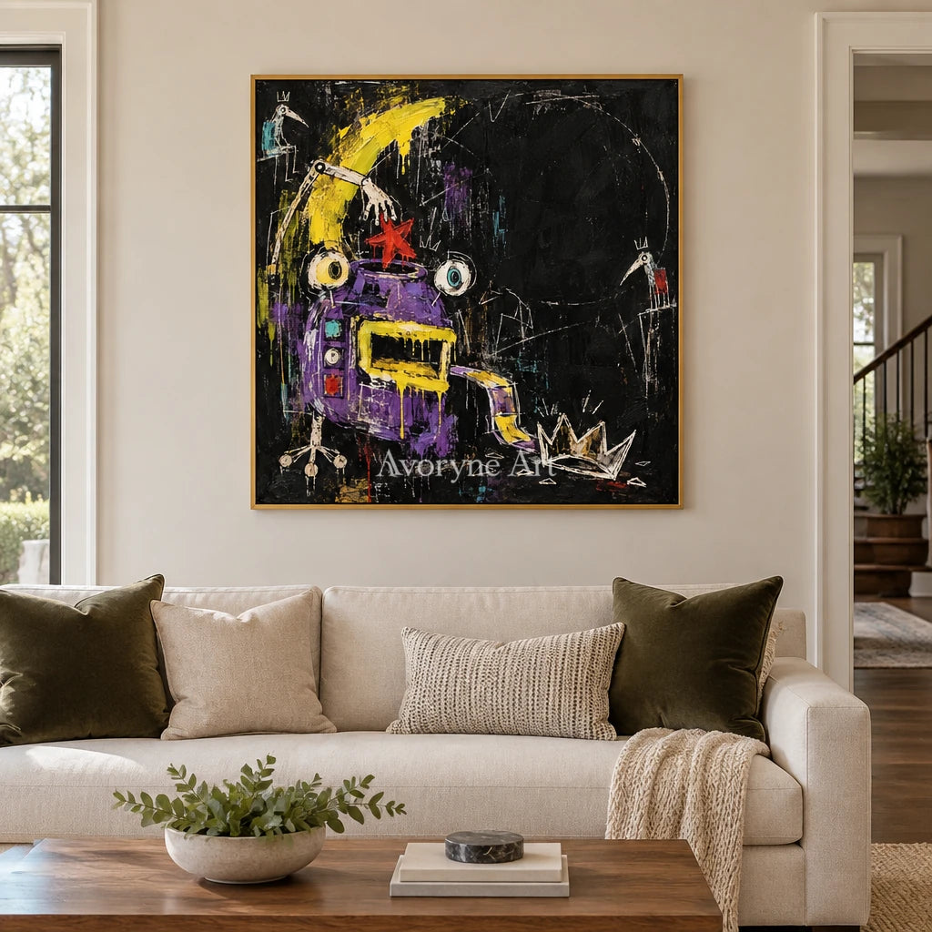 Open Rhythm graffiti figure wall art with a gold frame hanging in a living room