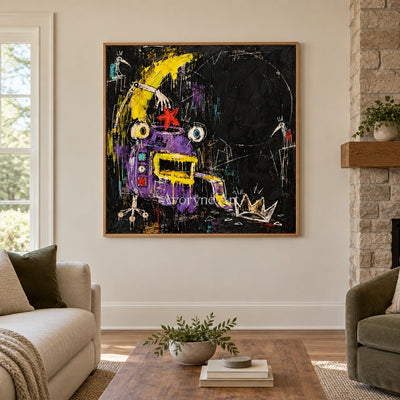 Open Rhythm graffiti figure wall art with a wood frame in a villa living space